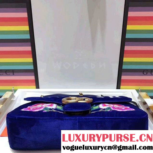 Gucci GG Marmont Embroidered "Modern" Applique Velvet Medium Bag 443496 Blue 2017 (SPM-7092811 )