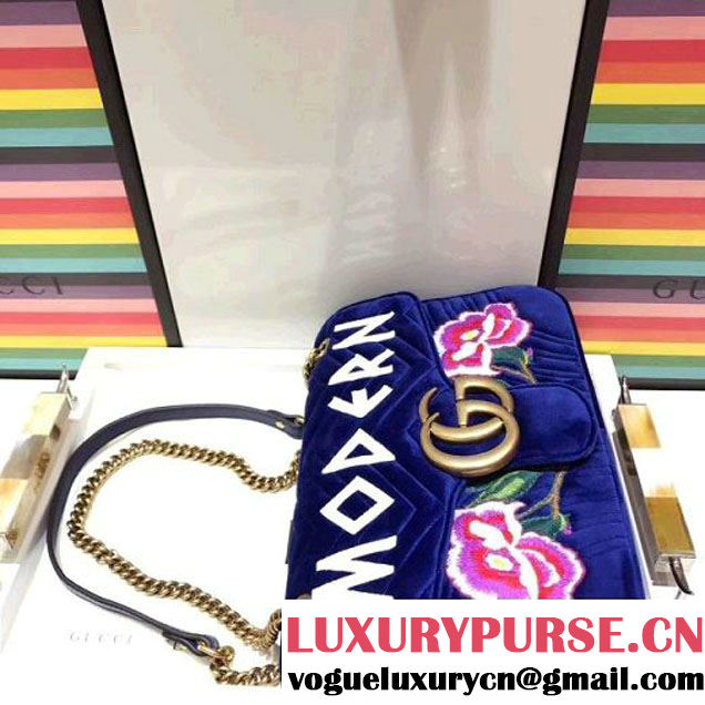 Gucci GG Marmont Embroidered "Modern" Applique Velvet Medium Bag 443496 Blue 2017 (SPM-7092811 )
