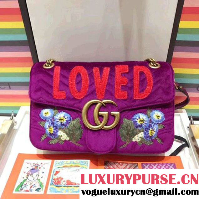 Gucci GG Marmont Embroidered "Loved" Applique Velvet Medium Bag 443496 Bordeaux 2017 (SPM-7092810 )