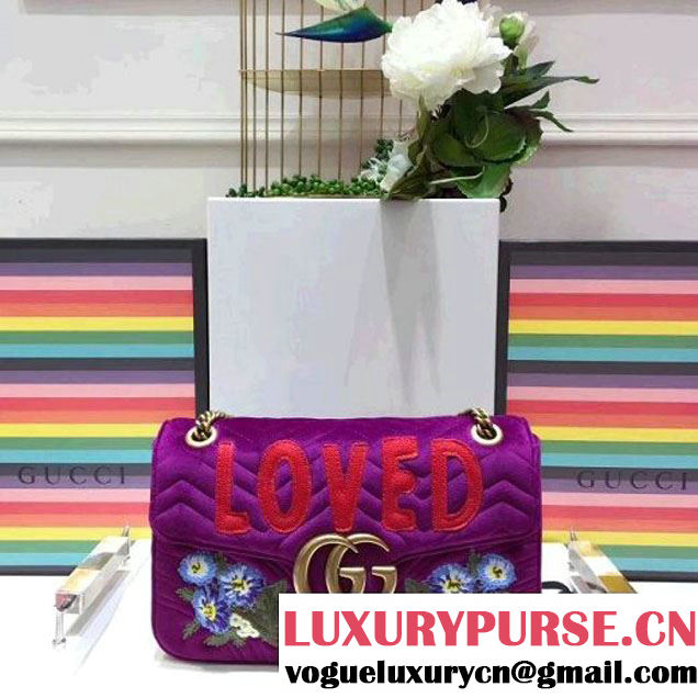 Gucci GG Marmont Embroidered "Loved" Applique Velvet Medium Bag 443496 Bordeaux 2017 (SPM-7092810 )