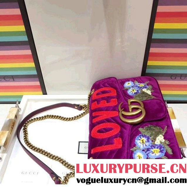 Gucci GG Marmont Embroidered "Loved" Applique Velvet Medium Bag 443496 Bordeaux 2017 (SPM-7092810 )