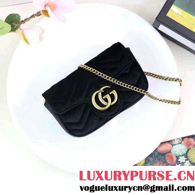 Gucci GG Marmont Velvet Matelassé Chevron Super Mini Chain Shoulder Bag 476433 Black 2017 (XYS-7092805 )