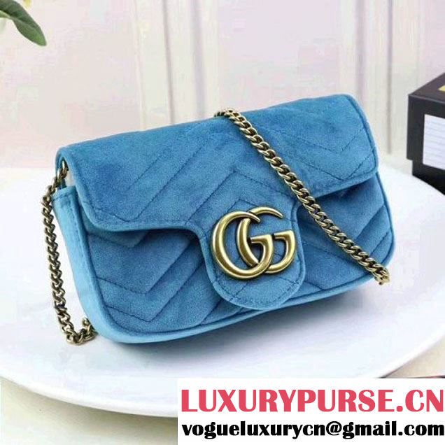 Gucci GG Marmont Velvet Matelassé Chevron Super Mini Chain Shoulder Bag 476433 Blue 2017 (XYS-7092802 )