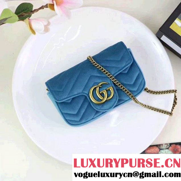 Gucci GG Marmont Velvet Matelassé Chevron Super Mini Chain Shoulder Bag 476433 Blue 2017 (XYS-7092802 )