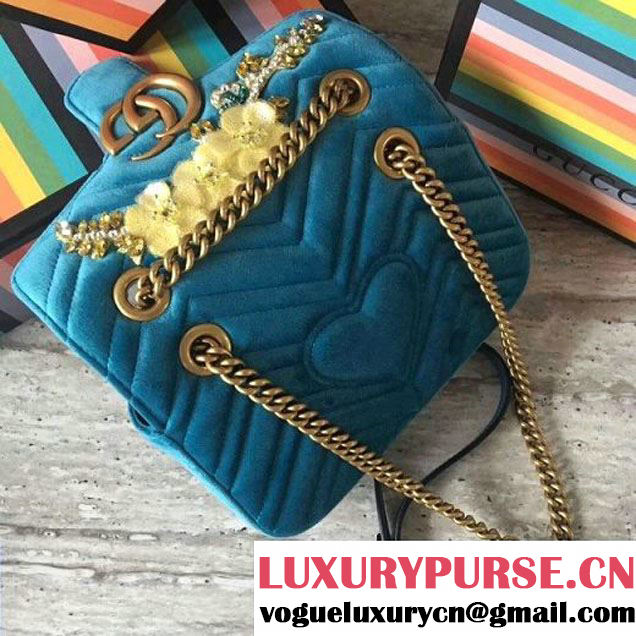 Gucci GG Marmont Flower Embroidered Velvet Mini Bag 446744 Blue 2017 (SLP-7110252 )