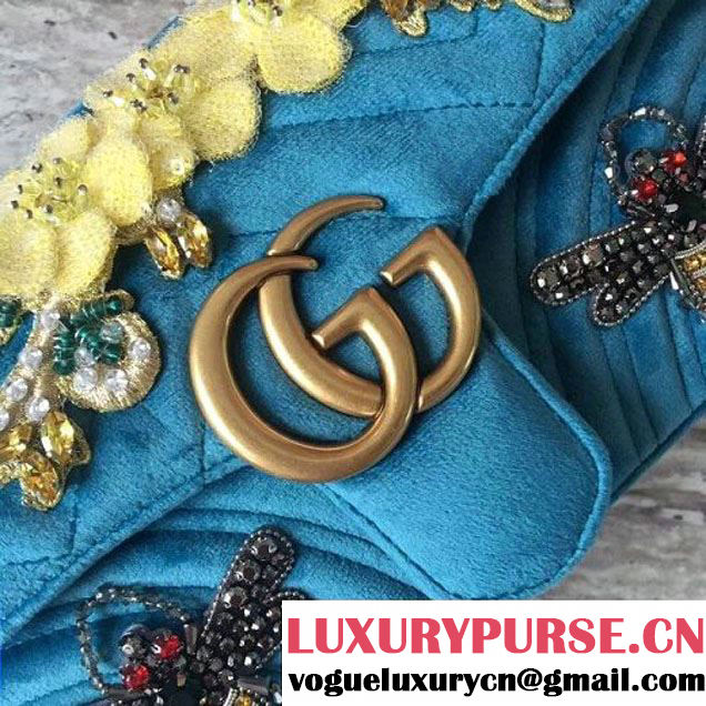 Gucci GG Marmont Flower Embroidered Velvet Mini Bag 446744 Blue 2017 (SLP-7110252 )