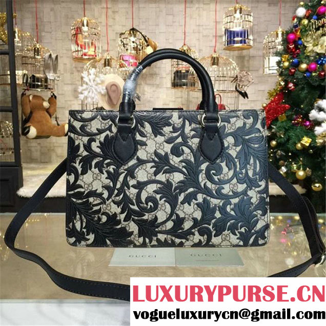Gucci Arabesque Canvas Top Handle Bag Fall Winter 2016 Collection Black Beige