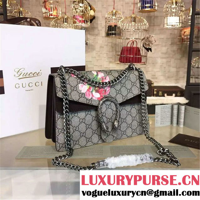 Gucci Dionysus GG Supreme Blooms Print Medium Shoulder Bag Fall Winter 2016 Collection Black Suede Beige
