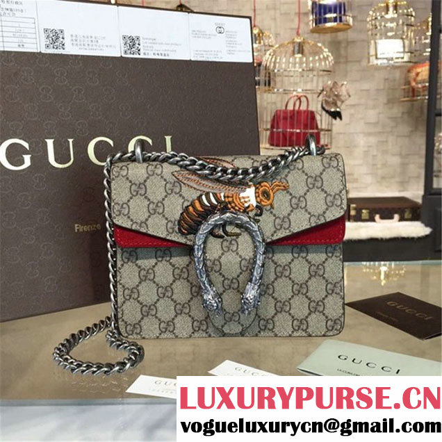 Gucci Dionysus GG Supreme Shoulder Small Bag with Bee Embroidery Fall Winter 2016 Collection Burgundy Suede Beige