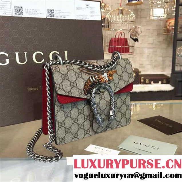 Gucci Dionysus GG Supreme Shoulder Small Bag with Bee Embroidery Fall Winter 2016 Collection Burgundy Suede Beige