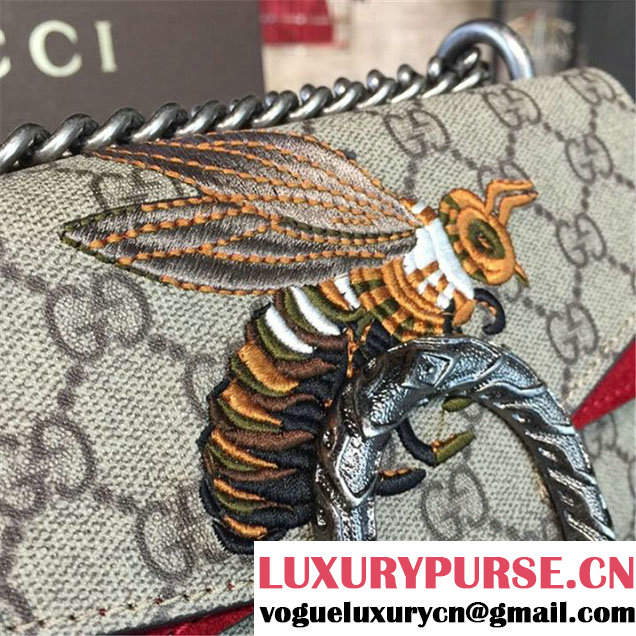 Gucci Dionysus GG Supreme Shoulder Small Bag with Bee Embroidery Fall Winter 2016 Collection Burgundy Suede Beige