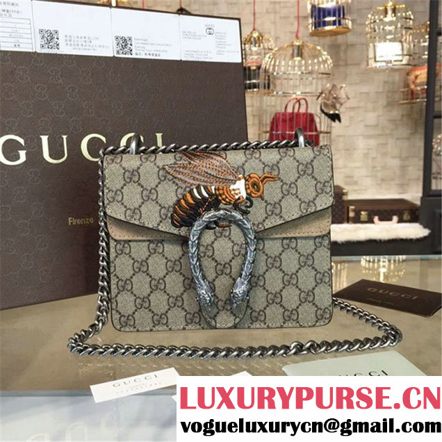 Gucci Dionysus GG Supreme Shoulder Small Bag with Bee Embroidery Fall Winter 2016 Collection Beige Suede Beige