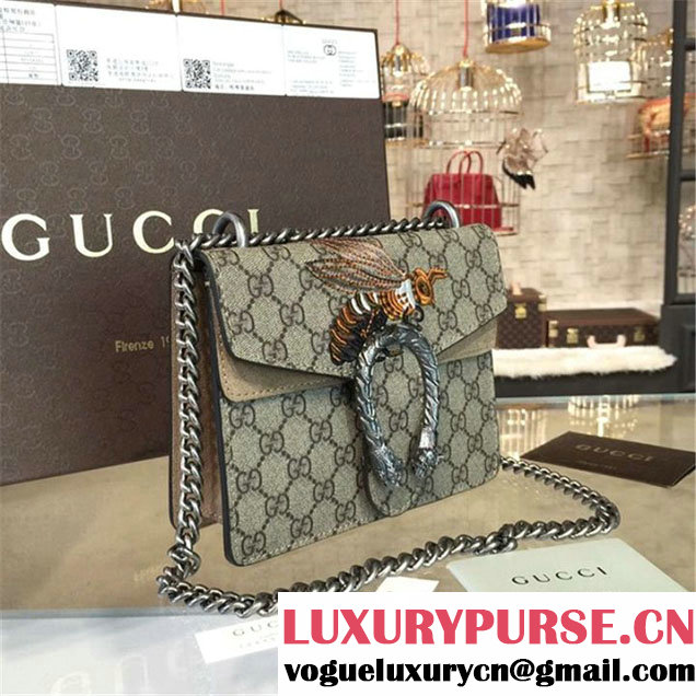 Gucci Dionysus GG Supreme Shoulder Small Bag with Bee Embroidery Fall Winter 2016 Collection Beige Suede Beige