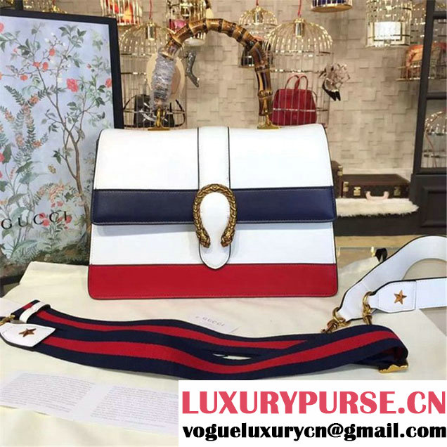 Gucci Dionysus Leather Bamboo Large Top Handle Bag Fall Winter 2016 Collection White Navy Blue Hibiscus Red