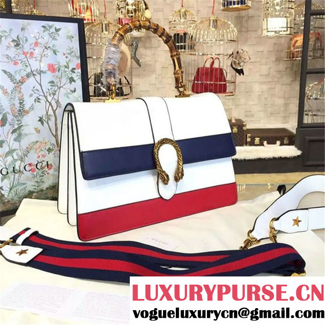 Gucci Dionysus Leather Bamboo Large Top Handle Bag Fall Winter 2016 Collection White Navy Blue Hibiscus Red