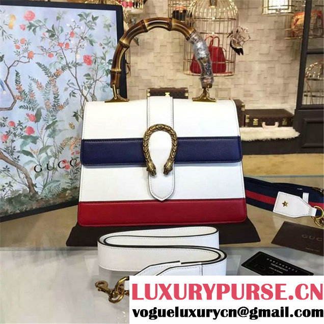 Gucci Dionysus Leather Bamboo Large Top Handle Bag Fall Winter 2016 Collection White Navy Blue Hibiscus Red