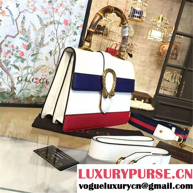 Gucci Dionysus Leather Bamboo Large Top Handle Bag Fall Winter 2016 Collection White Navy Blue Hibiscus Red