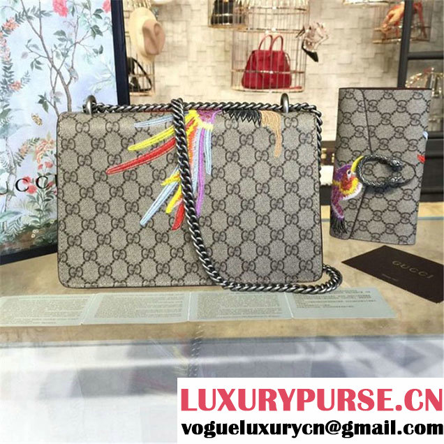 Gucci Dionysus GG Supreme Canvas Shoulder Medium Bag with Phoenix and Flowers Embroidery Fall Winter 2016 Collection Beige Suede Beige