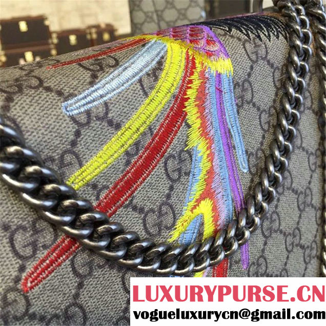 Gucci Dionysus GG Supreme Canvas Shoulder Medium Bag with Phoenix and Flowers Embroidery Fall Winter 2016 Collection Beige Suede Beige