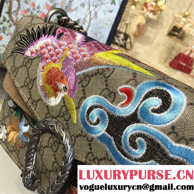 Gucci Dionysus GG Supreme Canvas Shoulder Medium Bag with Phoenix and Flowers Embroidery Fall Winter 2016 Collection Beige Suede Beige