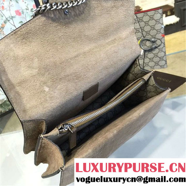 Gucci Dionysus GG Supreme Canvas Shoulder Medium Bag with Phoenix and Flowers Embroidery Fall Winter 2016 Collection Beige Suede Beige