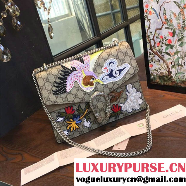 Gucci Dionysus GG Supreme Canvas Shoulder Medium Bag with Phoenix and Flowers Embroidery Fall Winter 2016 Collection Tan Suede Beige