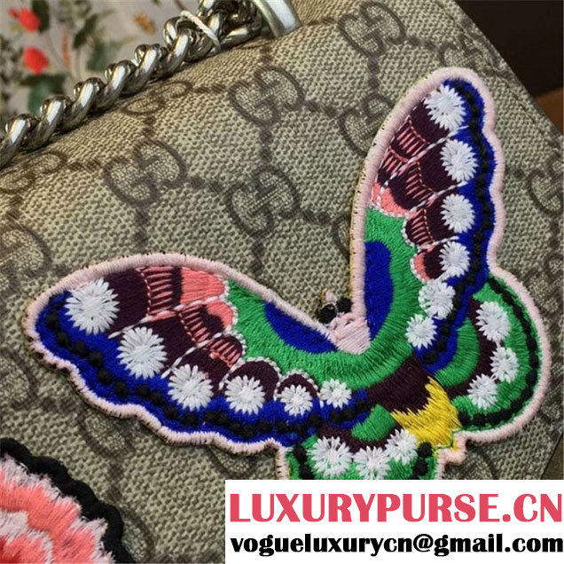 Gucci Dionysus GG Supreme Canvas Butterfly and Flowers Embroidery Medium Shoulder Bag Spring Summer 2016 Collection Tan Suede Beige