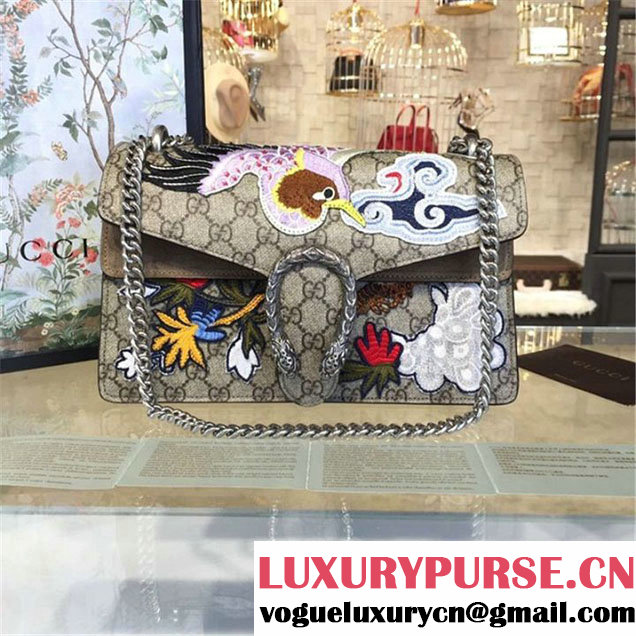 Gucci Dionysus GG Supreme Canvas Shoulder Medium Bag with Phoenix and Flowers Embroidery Fall Winter 2016 Collection Beige Suede Beige