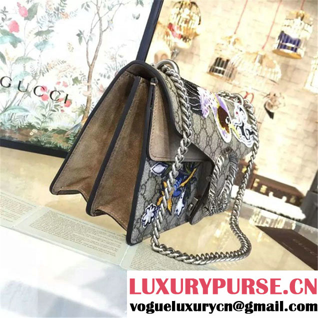 Gucci Dionysus GG Supreme Canvas Shoulder Medium Bag with Phoenix and Flowers Embroidery Fall Winter 2016 Collection Beige Suede Beige