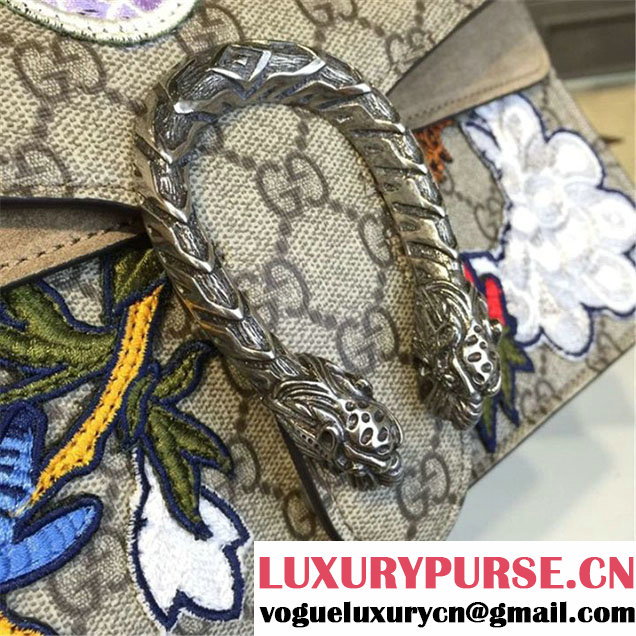 Gucci Dionysus GG Supreme Canvas Shoulder Medium Bag with Phoenix and Flowers Embroidery Fall Winter 2016 Collection Beige Suede Beige