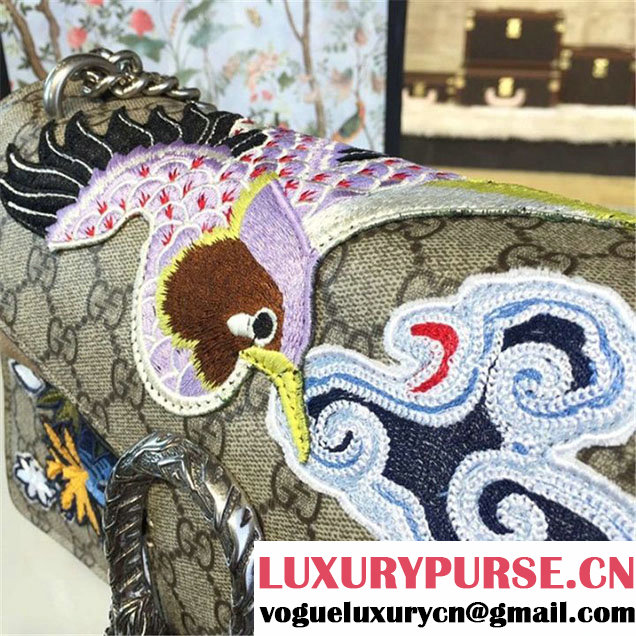 Gucci Dionysus GG Supreme Canvas Shoulder Medium Bag with Phoenix and Flowers Embroidery Fall Winter 2016 Collection Beige Suede Beige