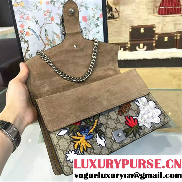 Gucci Dionysus GG Supreme Canvas Shoulder Medium Bag with Phoenix and Flowers Embroidery Fall Winter 2016 Collection Beige Suede Beige