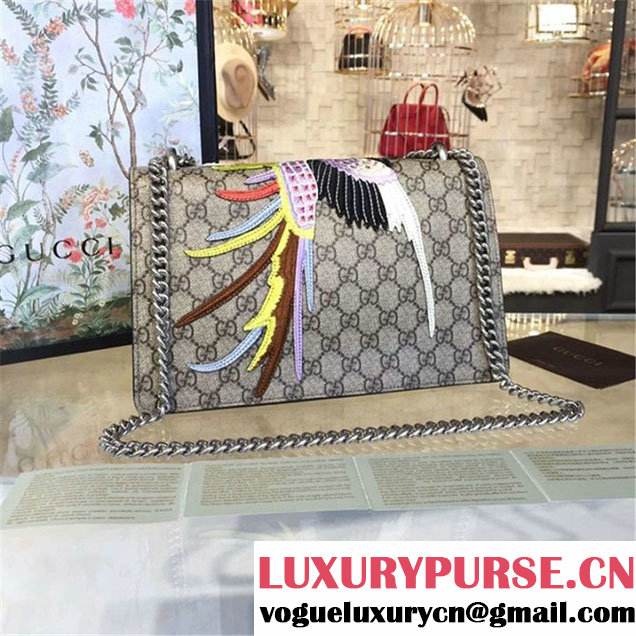 Gucci Dionysus GG Supreme Canvas Shoulder Medium Bag with Phoenix and Flowers Embroidery Fall Winter 2016 Collection Beige Suede Beige
