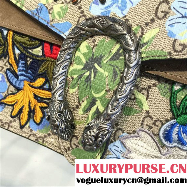 Gucci Dionysus GG Supreme Canvas Shoulder Medium Bag Blooms Print with Bee Embroidery Fall Winter 2016 Collection Tan Suede Beige