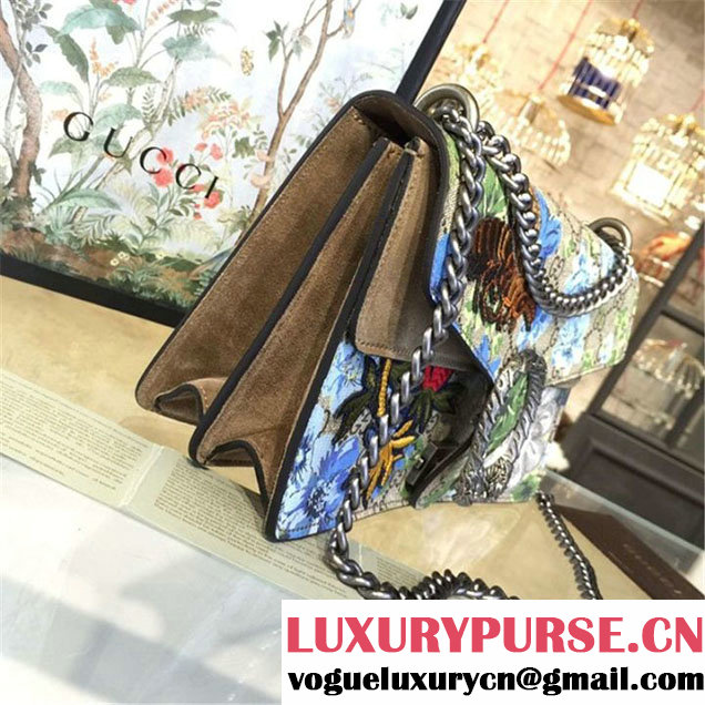 Gucci Dionysus GG Supreme Canvas Shoulder Medium Bag Blooms Print with Bee Embroidery Fall Winter 2016 Collection Tan Suede Beige