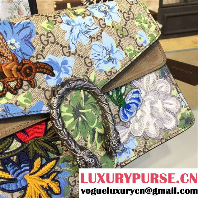 Gucci Dionysus GG Supreme Canvas Shoulder Medium Bag Blooms Print with Bee Embroidery Fall Winter 2016 Collection Tan Suede Beige