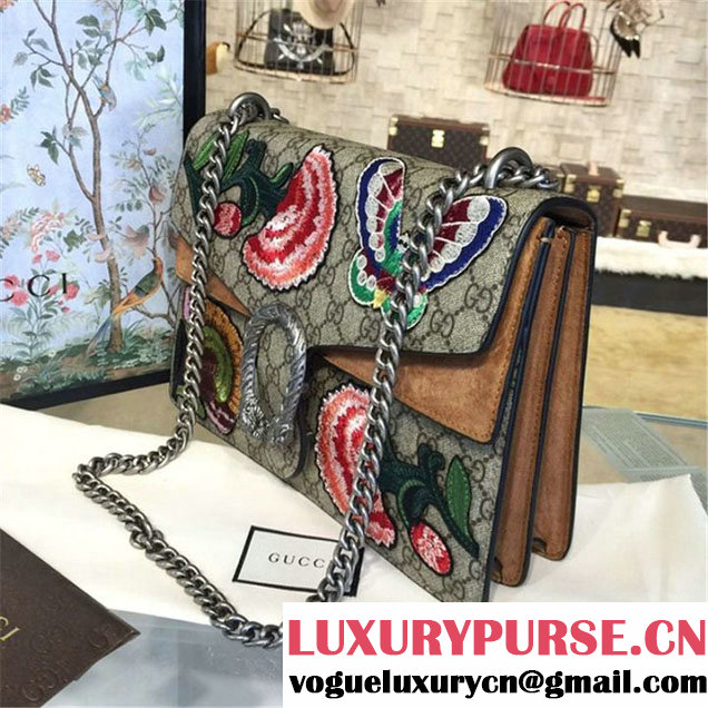 Gucci Dionysus GG Supreme Canvas Butterfly and Flowers Embroidery Large Shoulder Bag Spring Summer 2016 Collection Tan Suede Beige