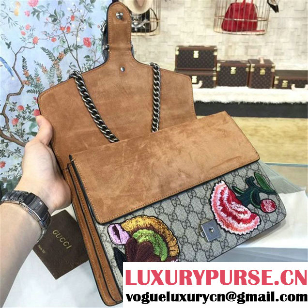 Gucci Dionysus GG Supreme Canvas Butterfly and Flowers Embroidery Large Shoulder Bag Spring Summer 2016 Collection Tan Suede Beige