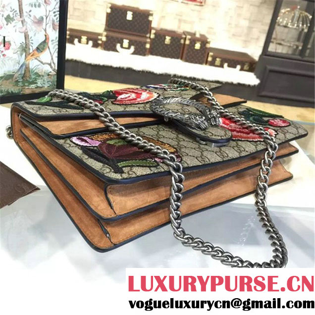 Gucci Dionysus GG Supreme Canvas Butterfly and Flowers Embroidery Large Shoulder Bag Spring Summer 2016 Collection Tan Suede Beige