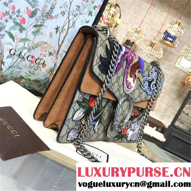 Gucci Dionysus GG Supreme Canvas Shoulder Large Bag with Phoenix and Flowers Embroidery Fall Winter 2016 Collection Tan Suede Beige