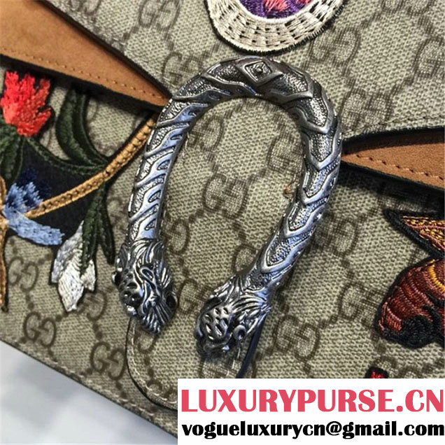 Gucci Dionysus GG Supreme Canvas Shoulder Large Bag with Phoenix and Flowers Embroidery Fall Winter 2016 Collection Tan Suede Beige