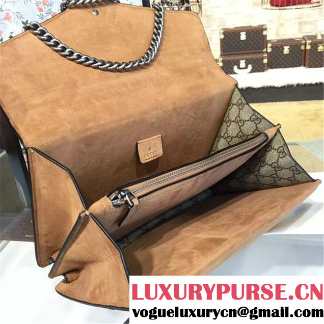 Gucci Dionysus GG Supreme Canvas Shoulder Large Bag with Phoenix and Flowers Embroidery Fall Winter 2016 Collection Tan Suede Beige