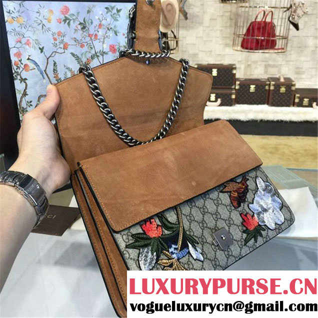 Gucci Dionysus GG Supreme Canvas Shoulder Large Bag with Phoenix and Flowers Embroidery Fall Winter 2016 Collection Tan Suede Beige