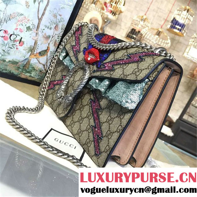 Gucci Dionysus GG Supreme Canvas Shoulder Medium Bag with Mouth and Lightening Bolt Appliqué Fall Winter 2016 Collection Beige Suede Beige