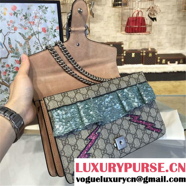 Gucci Dionysus GG Supreme Canvas Shoulder Medium Bag with Mouth and Lightening Bolt Appliqué Fall Winter 2016 Collection Beige Suede Beige