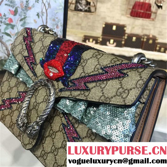 Gucci Dionysus GG Supreme Canvas Shoulder Medium Bag with Mouth and Lightening Bolt Appliqué Fall Winter 2016 Collection Beige Suede Beige