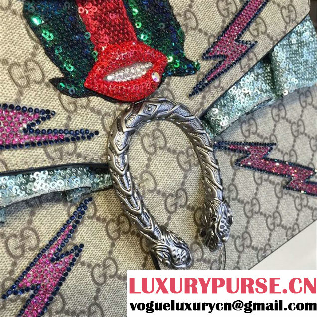 Gucci Dionysus GG Supreme Canvas Shoulder Large Bag with Mouth and Lightening Bolt Appliqué Fall Winter 2016 Collection Beige Suede Beige