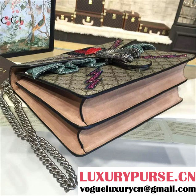 Gucci Dionysus GG Supreme Canvas Shoulder Large Bag with Mouth and Lightening Bolt Appliqué Fall Winter 2016 Collection Beige Suede Beige