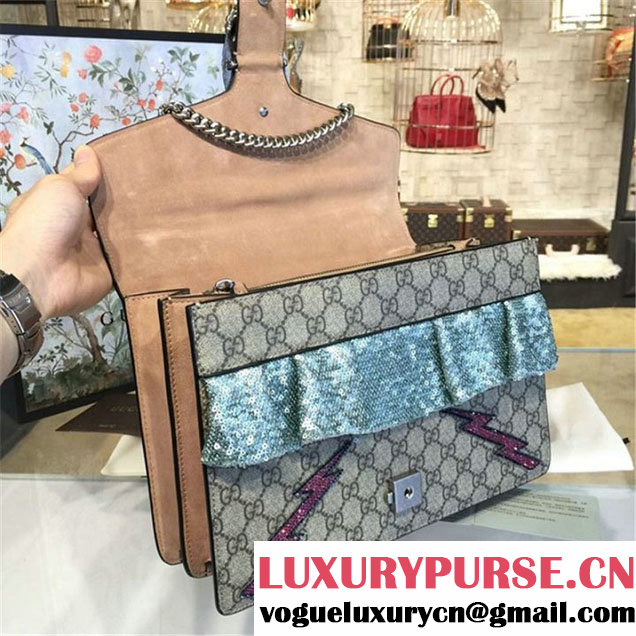 Gucci Dionysus GG Supreme Canvas Shoulder Large Bag with Mouth and Lightening Bolt Appliqué Fall Winter 2016 Collection Beige Suede Beige