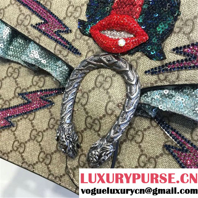 Gucci Dionysus GG Supreme Canvas Shoulder Large Bag with Mouth and Lightening Bolt Appliqué Fall Winter 2016 Collection Red Suede Beige